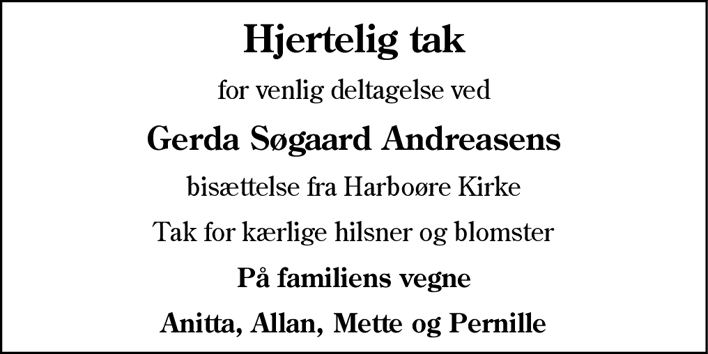 Dødsannonce for Gerda Søgaard Andreasen