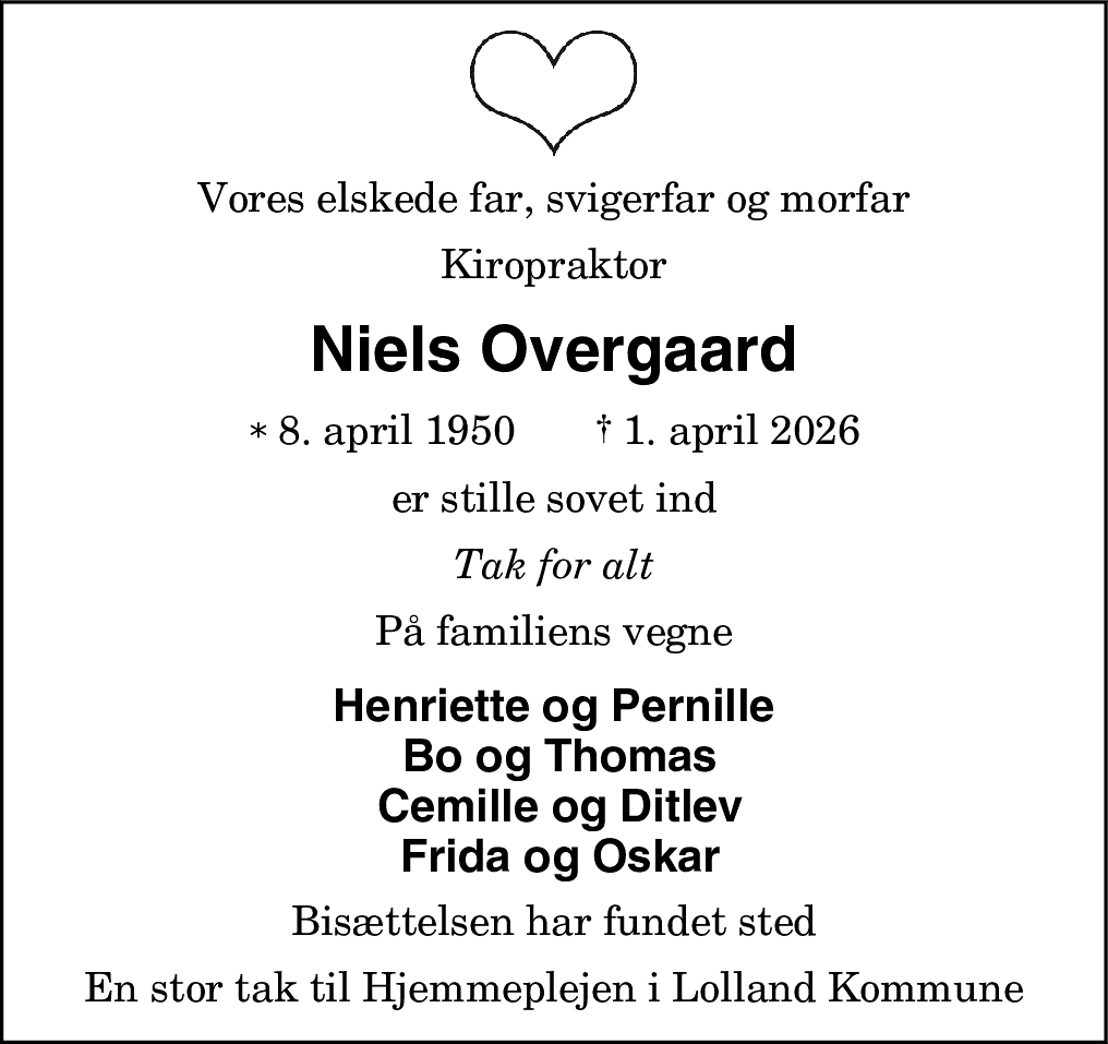 Dødsannonce for Niels Overgaard