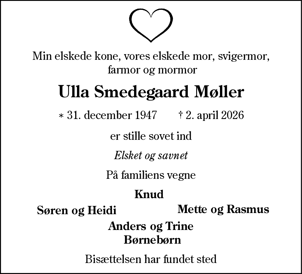 Dødsannonce for Ulla Smedegaard Møller