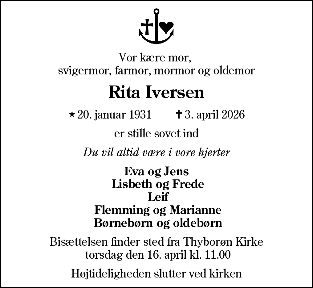 Dødsannonce for Ritta Iversen