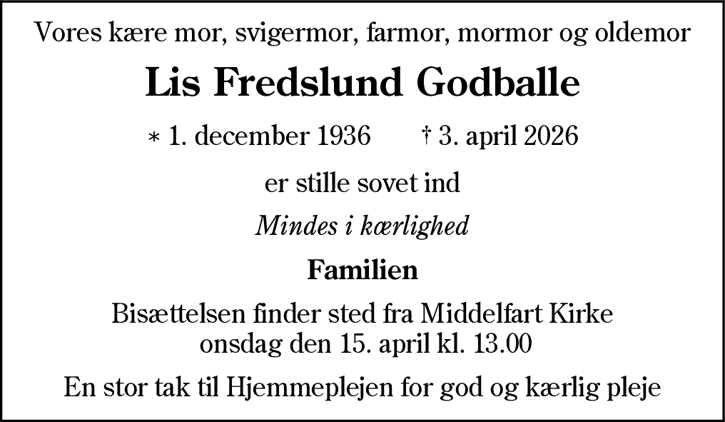 Dødsannonce for Lis Fredslund Godballe