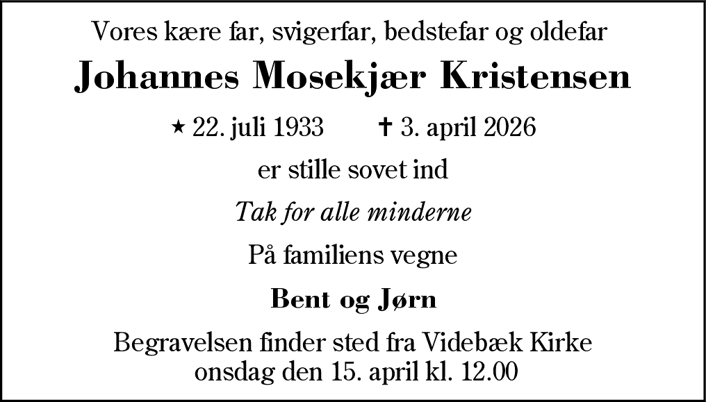 Dødsannonce for Johannes Mosekjær Kristensen