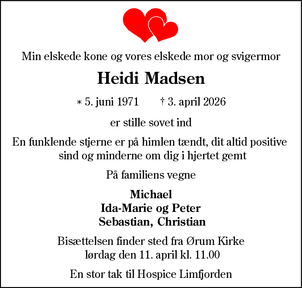 Dødsannonce for Heidi Madsen