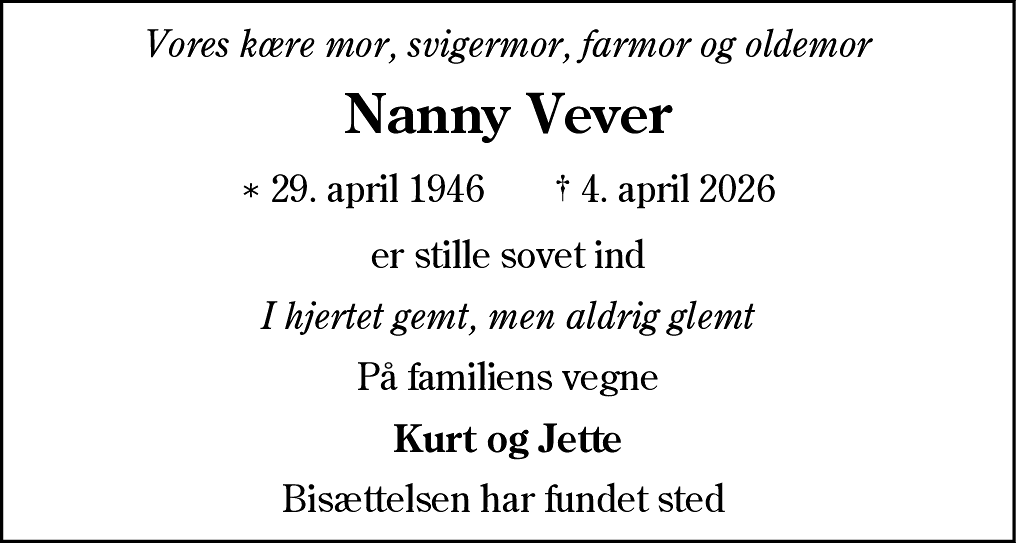 Dødsannonce for Nanny Vever