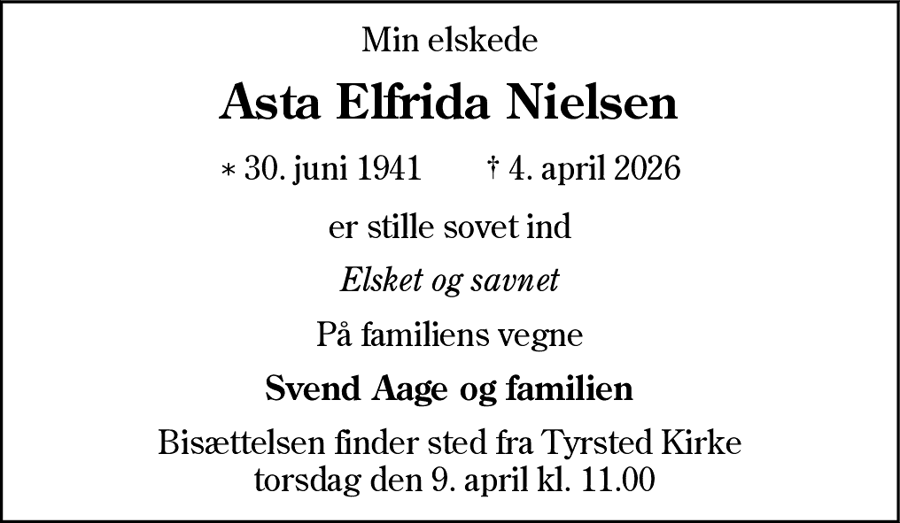 Dødsannonce for Asta Elfrida Nielsen