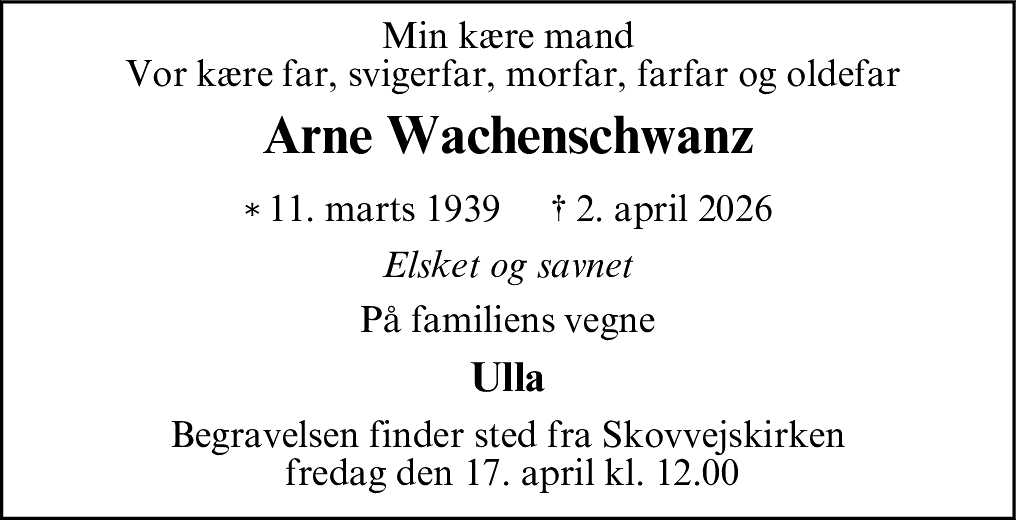 Dødsannonce for Arne Wachenschwanz