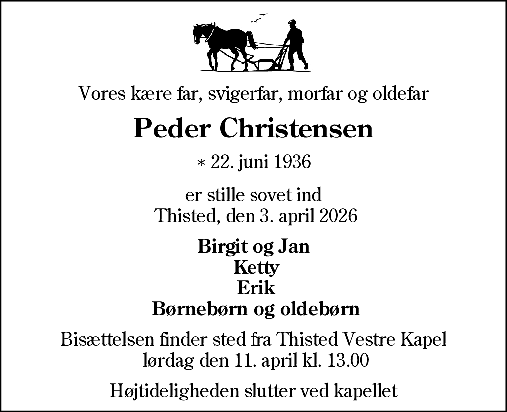 Dødsannonce for Peder Christensen
