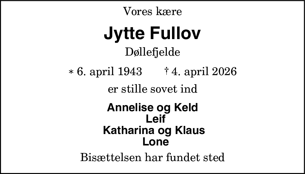 Dødsannonce for Jytte Fullov