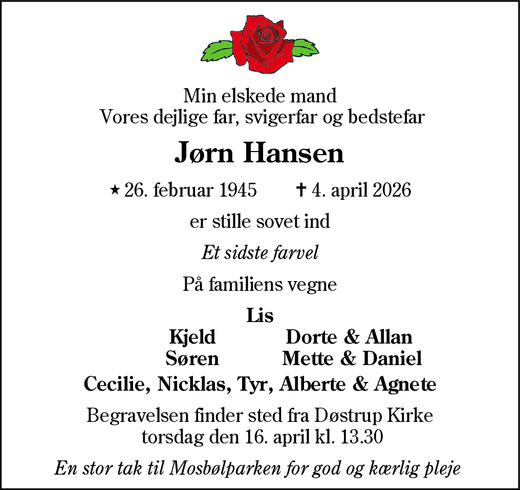 Dødsannonce for Jørn Hansen