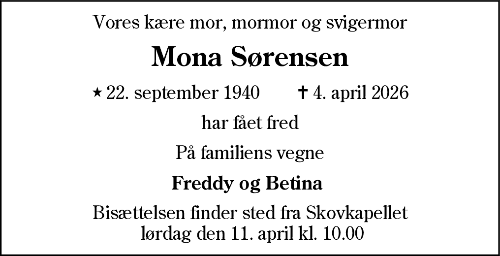 Dødsannonce for Mona Sørensen