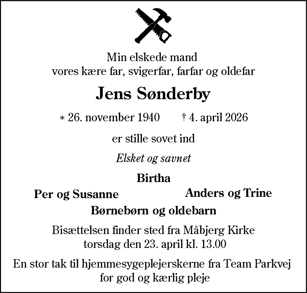 Dødsannonce for Jens Sønderby