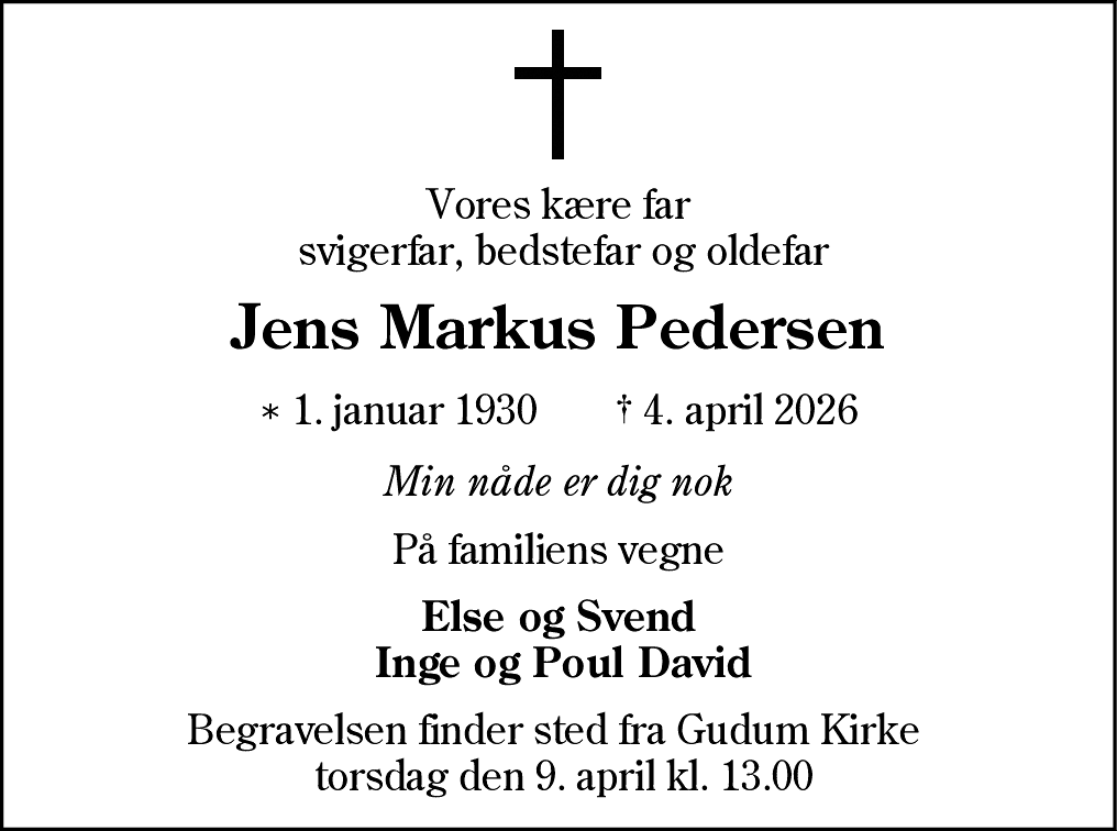 Dødsannonce for Jens Markus Pedersen