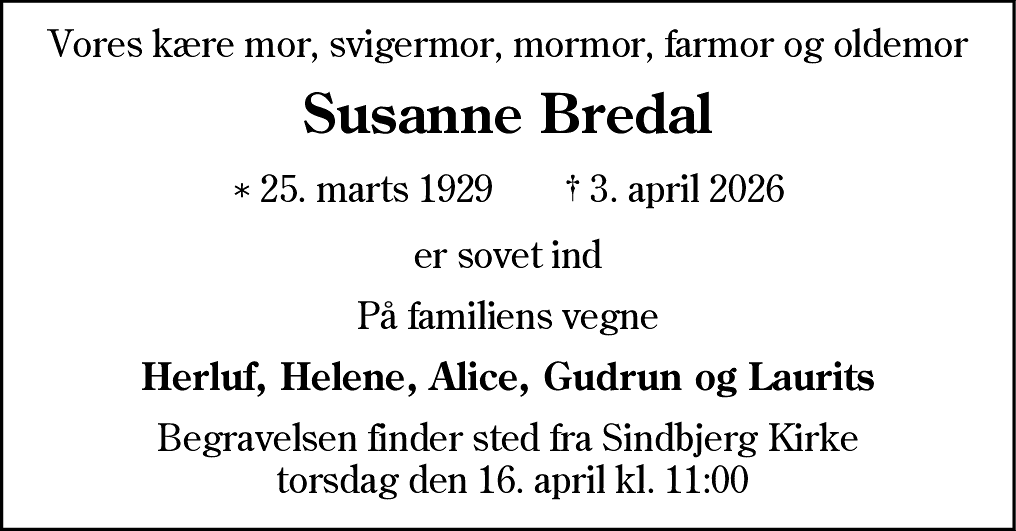 Dødsannonce for Susanne Bredal