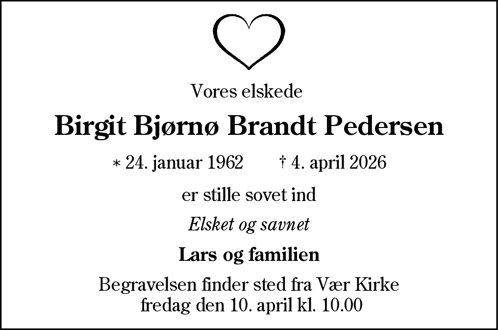 Dødsannonce for Birgit Bjørnø Brandt Pedersen