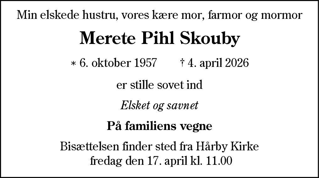 Dødsannonce for Merete Pihl Skouby