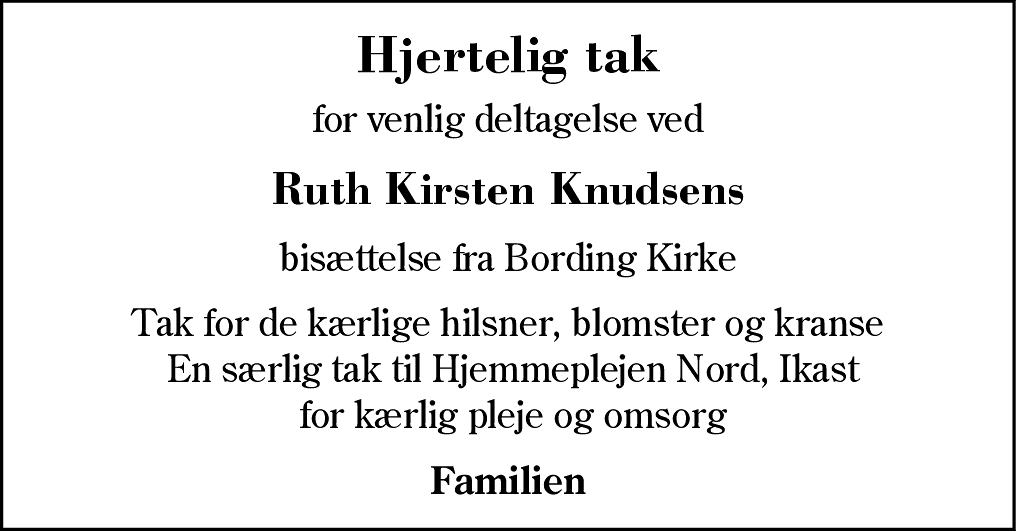 Dødsannonce for Ruth Kirsten Knudsen