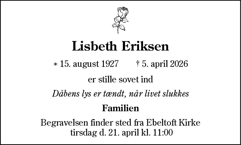 Dødsannonce for Marie Elisabeth Eriksen