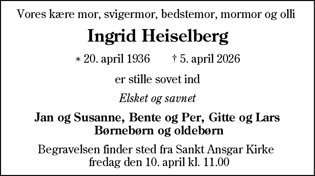 Dødsannonce for Ingrid Heiselberg