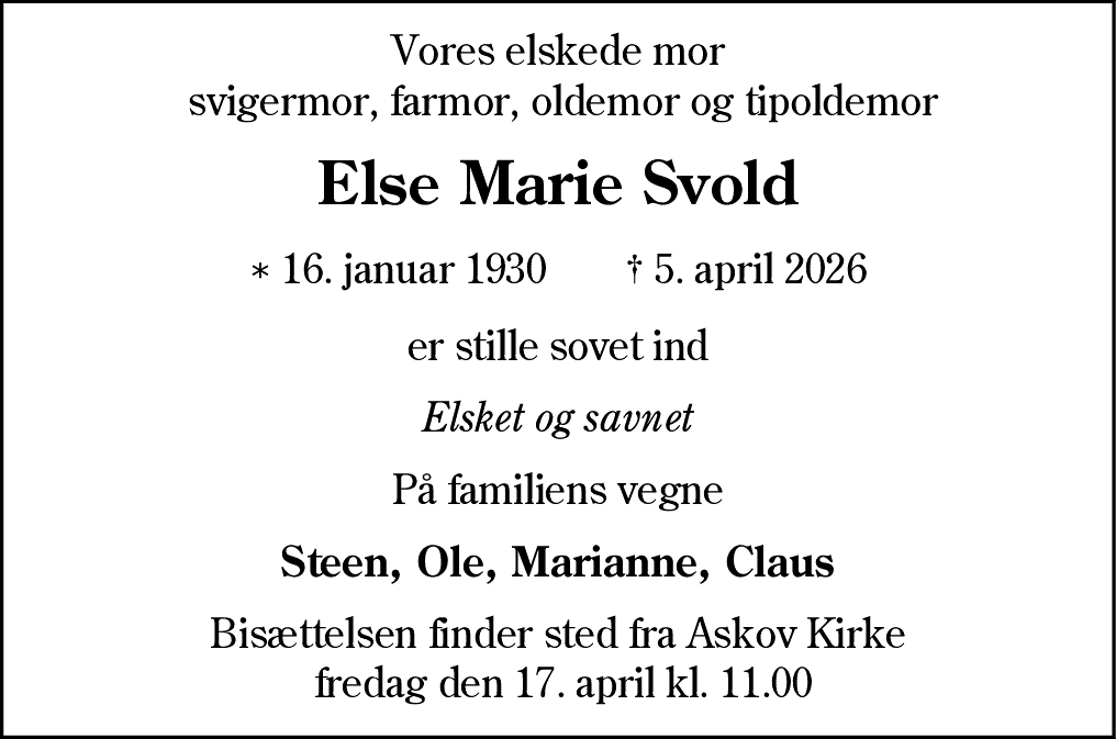 Dødsannonce for Else Marie Svold