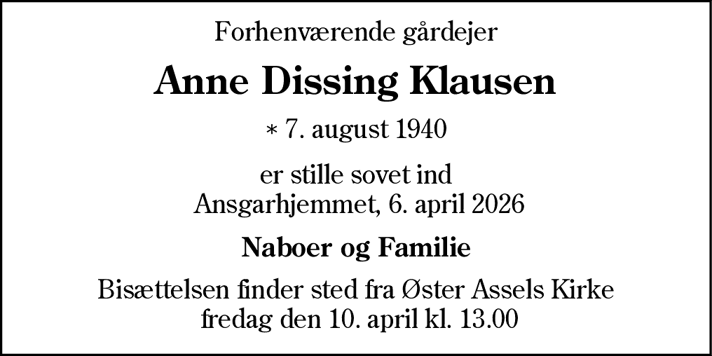 Dødsannonce for Anne Dissing Klausen