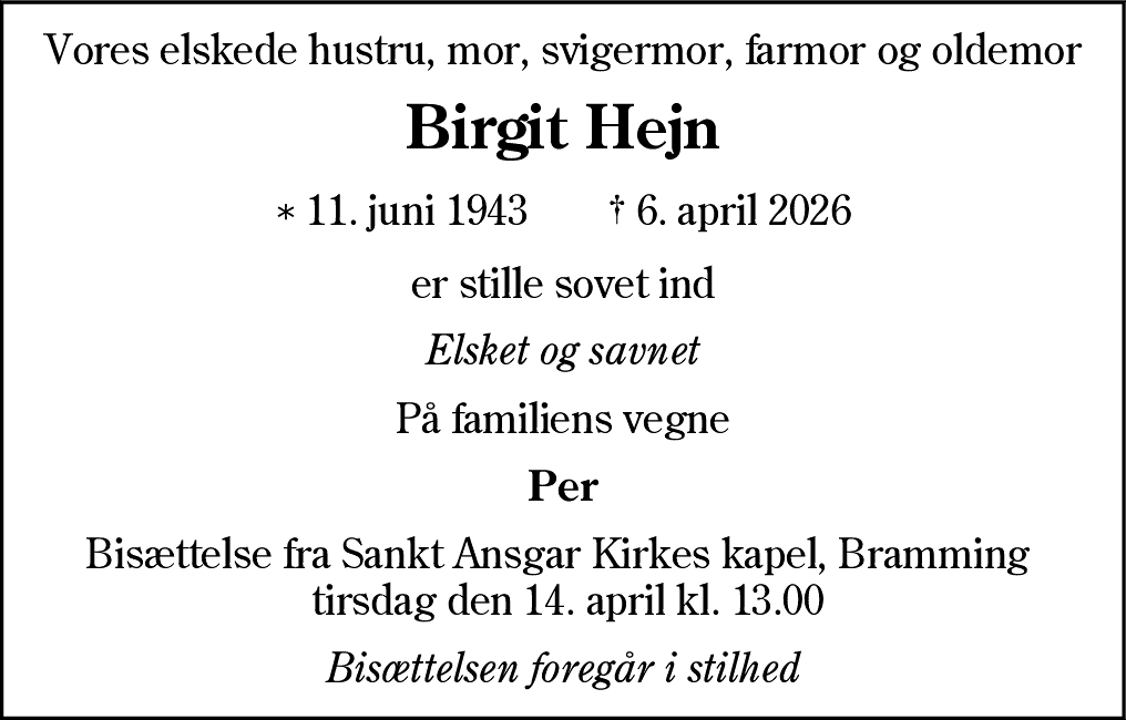 Dødsannonce for Birgit Hejn