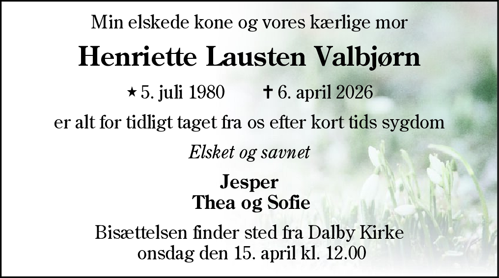 Dødsannonce for Henriette Lausten Valbjørn