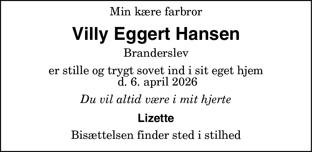 Dødsannonce for Villy Eggert Hansen
