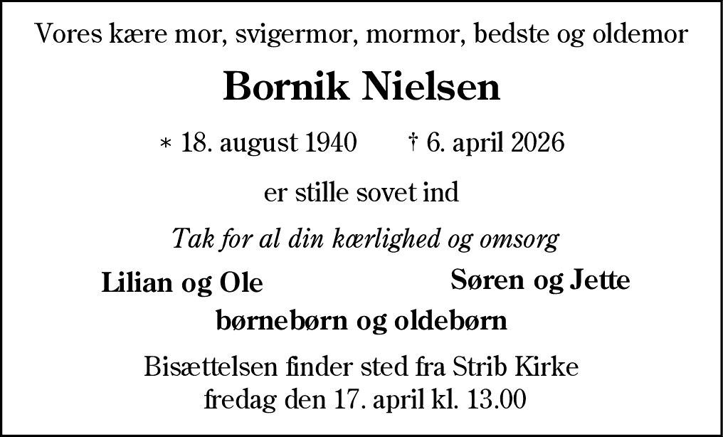Dødsannonce for Bornik Nørmark Nielsen