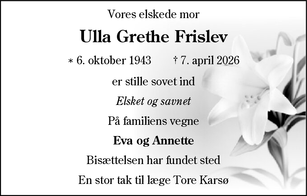 Dødsannonce for Ulla Grethe Frislev
