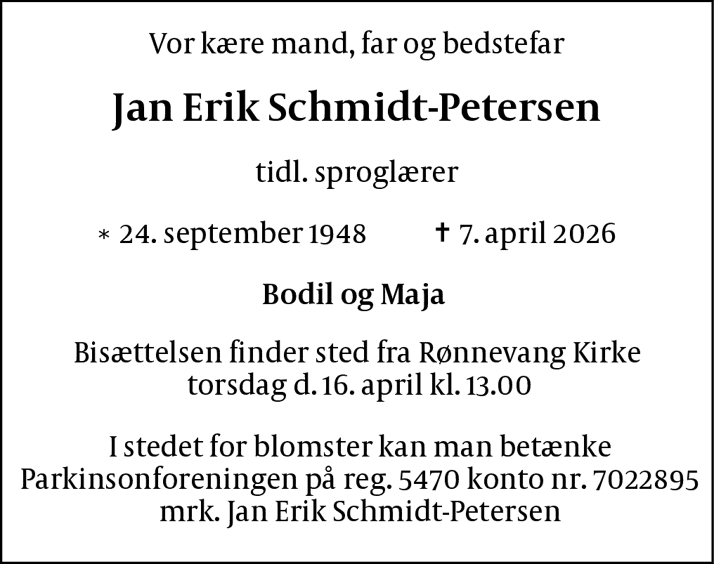 Dødsannonce for Jan Erik Schmidt-Petersen