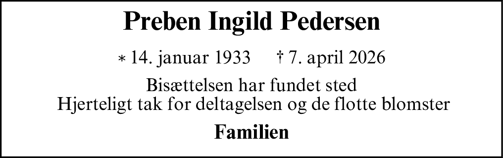 Dødsannonce for Preben Ingild Pedersen