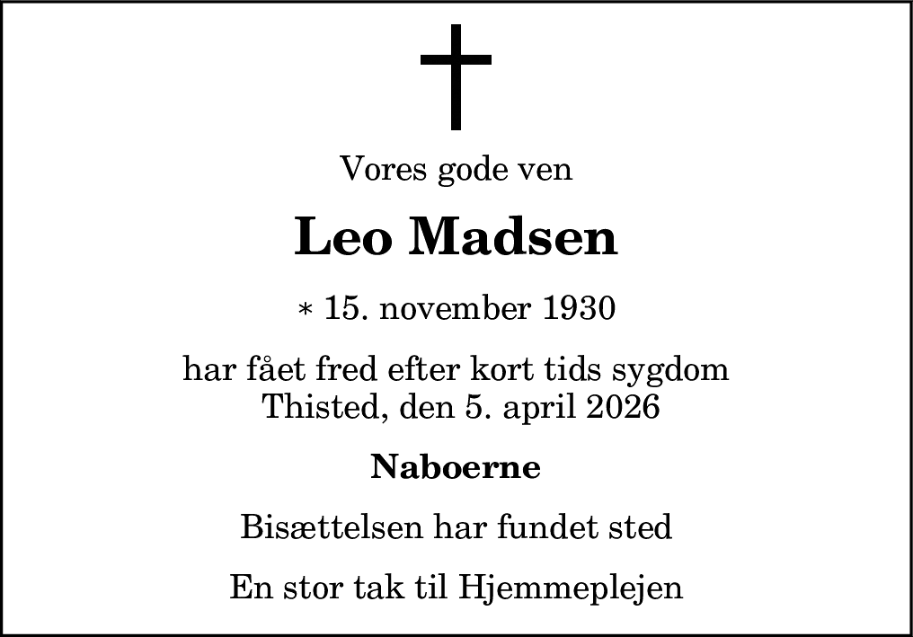 Dødsannonce for Leo Christian Touborg Madsen