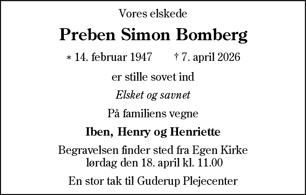 Dødsannonce for Preben Simon Bomberg