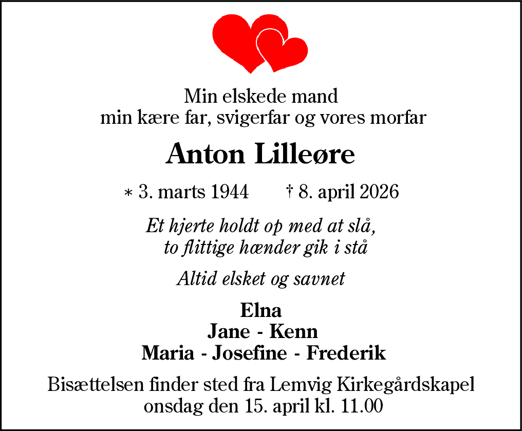 Dødsannonce for Anton Lilleøre