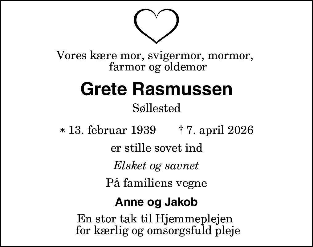 Dødsannonce for Grete Rasmussen