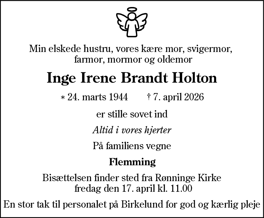 Dødsannonce for Inge Irene Brandt Holton