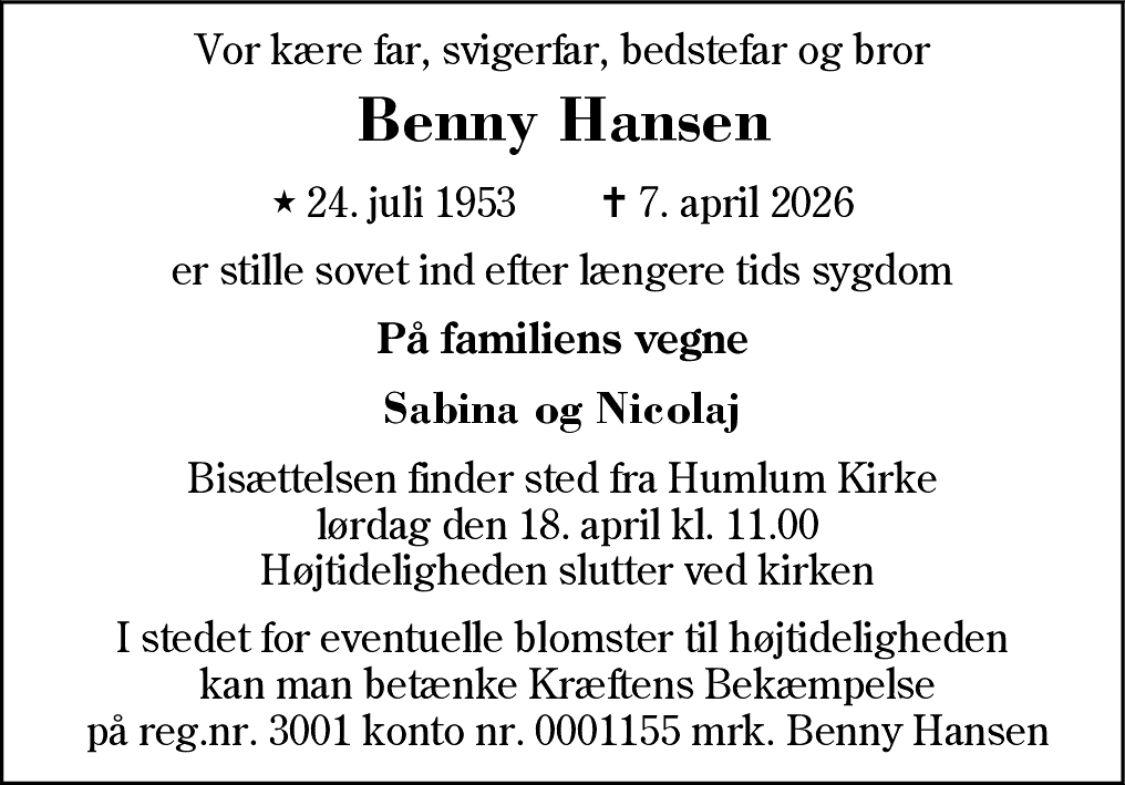 Dødsannonce for Benny Hansen