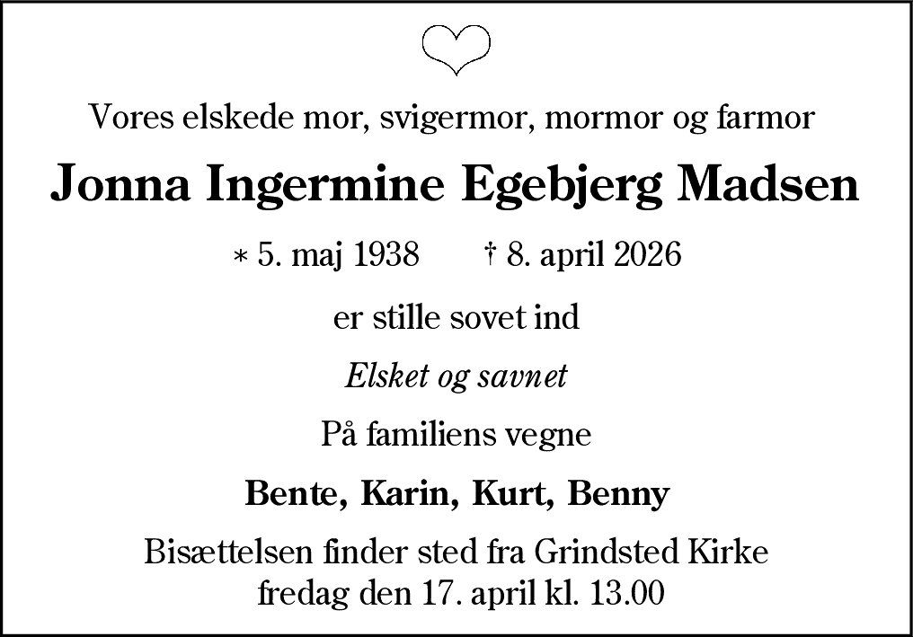 Dødsannonce for Jonna Ingermine Egebjerg Madsen