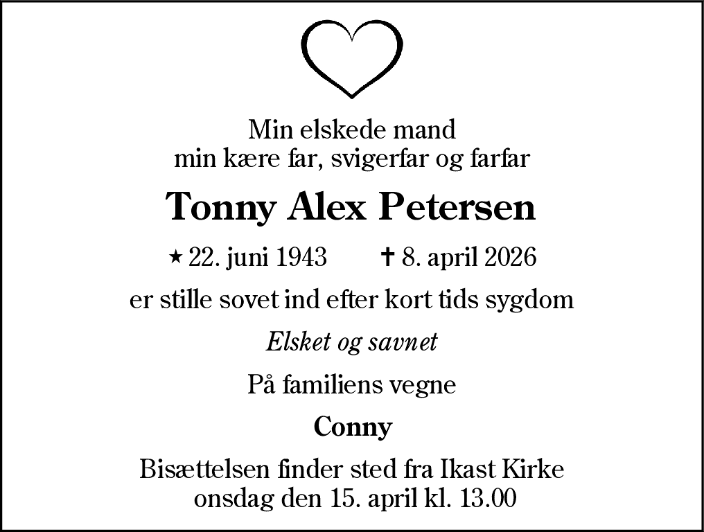 Dødsannonce for Tonny Alex Petersen