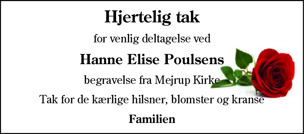 Dødsannonce for Hanne Elise Poulsen