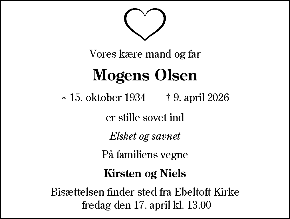 Dødsannonce for Mogens Olsen