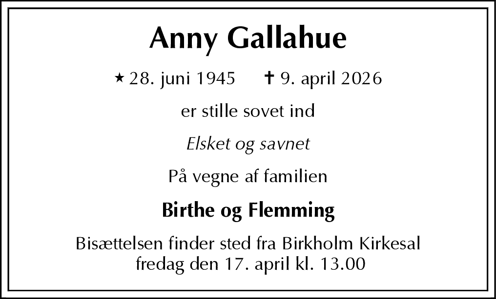 Dødsannonce for Anny Gallahue