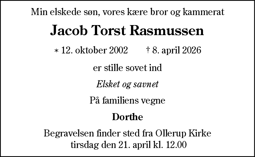 Dødsannonce for Jacob Torst Rasmussen