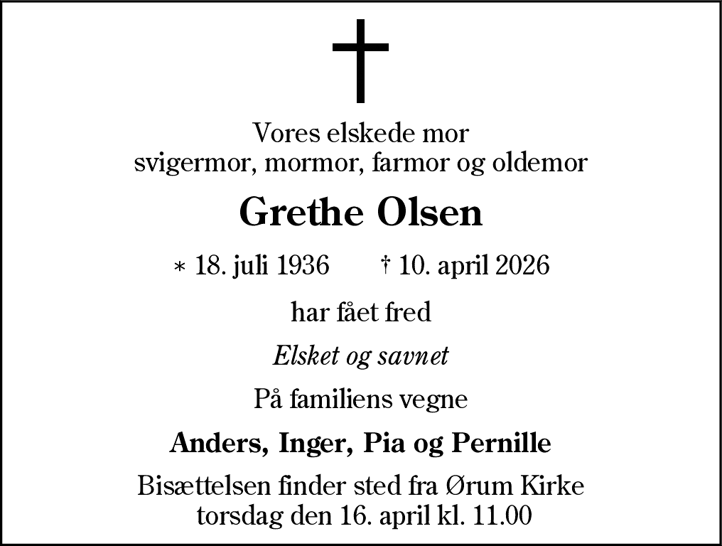 Dødsannonce for Grethe Olsen