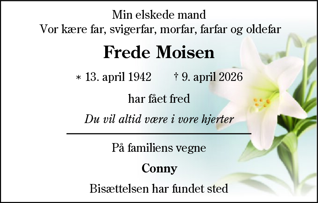 Dødsannonce for Frede Moisen