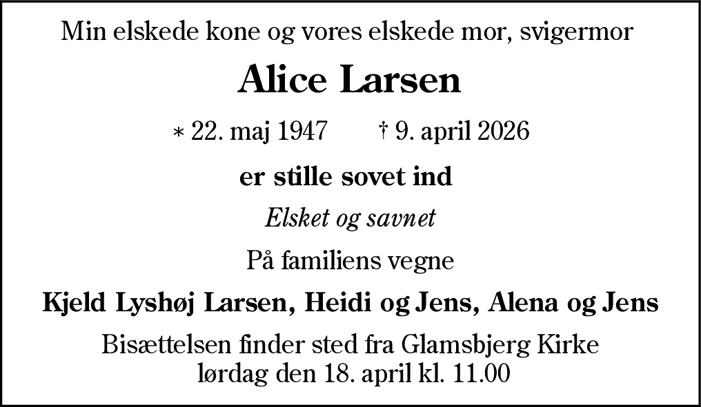 Dødsannonce for Alice Larsen