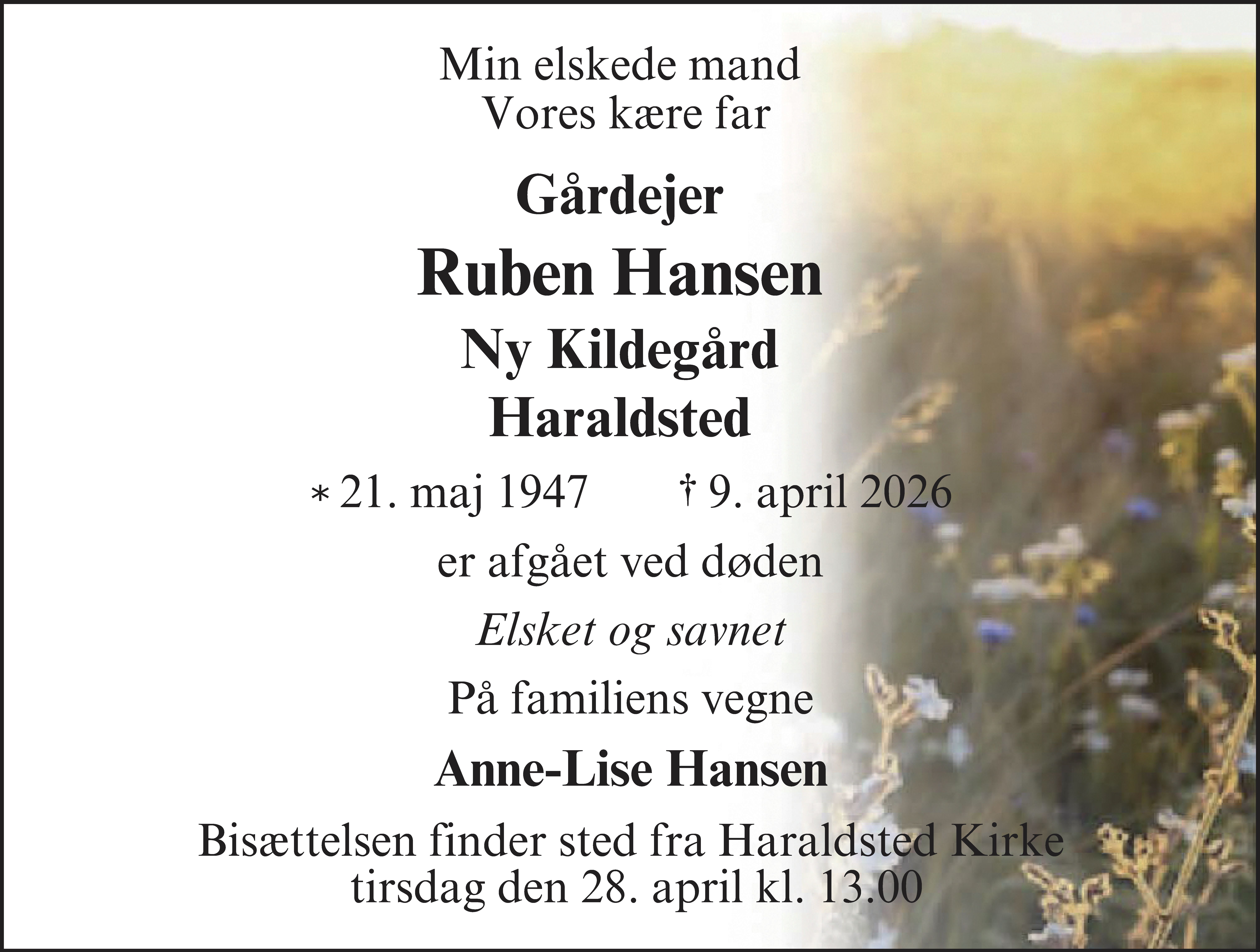 Dødsannonce for Ruben Hansen
