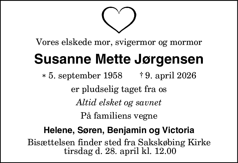 Dødsannonce for Susanne Mette Jørgensen