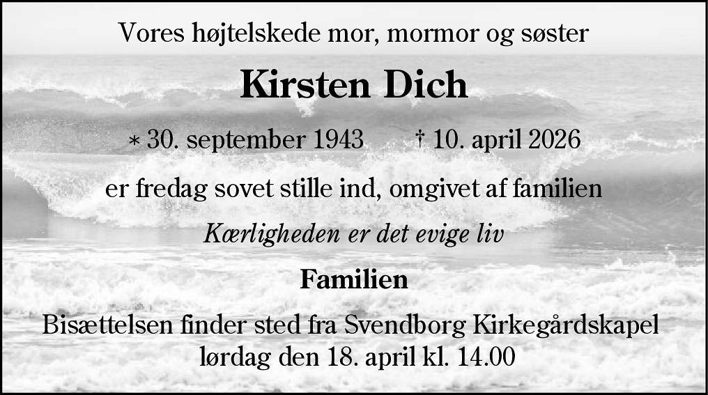 Dødsannonce for Kirsten Dich