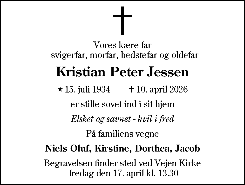Dødsannonce for Kristian Peter Jessen